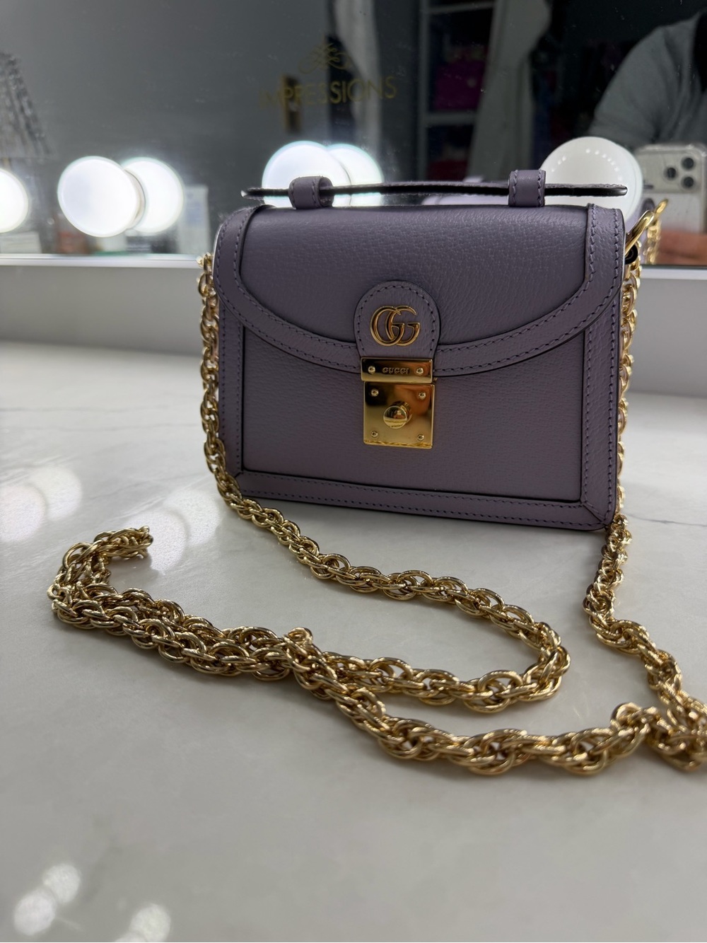 Gucci Ophidia Lavender Purple Leather Mini Crossbody with Gold Chain